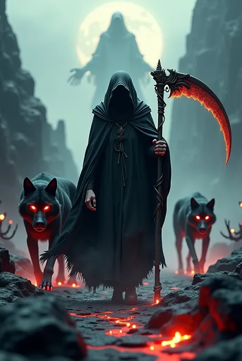 Create a hyper-realistic 3D image of the Grim Reaper (the Faucheuse) at the forefront, walking ominously toward the camera, shrouded in a flowing, dark cloak with intricate tattered details. The scythe gleams with a menacing metallic edge, catching faint g...