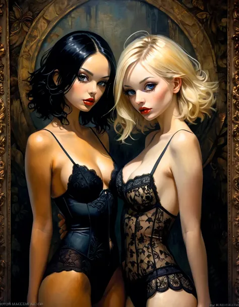 two girls, dark and sexy, lust, full body, elegant, lingerie, panties,one girl blonde hair and one girl black hair(best quality, 4k, 8k, high resolution, masterpiece: 1.2), ultra detailed, (realistic, photorealistic, photorealistic: 1.37), intricate detail...