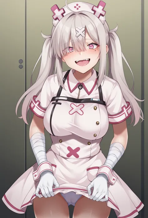 score_9, score_8_up, score_7_up, source_anime, aakana, long hair, twintails, ahoge, hat, nurse cap, x hair ornament, mole under eye, eyes visible through hair, blush, fangs, large breasts, nurse, white dress, short sleeves, bandaged arm, wrist cuffs, white...