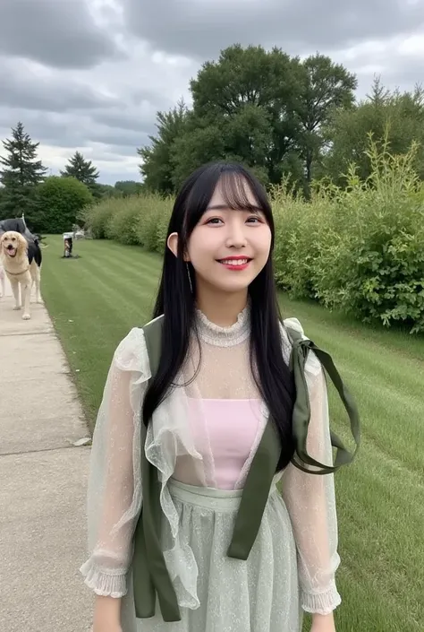 (((garden:1.5))),composition  ,(((A woman walking a dog:1.4))), high image quality, 32K,   Extremely Accurate Anatomy, masterpiece,  realistic ,   very detailed,    photo volume release  ,   nothing , ((  there is a golden retriever in the background:1.4, ...