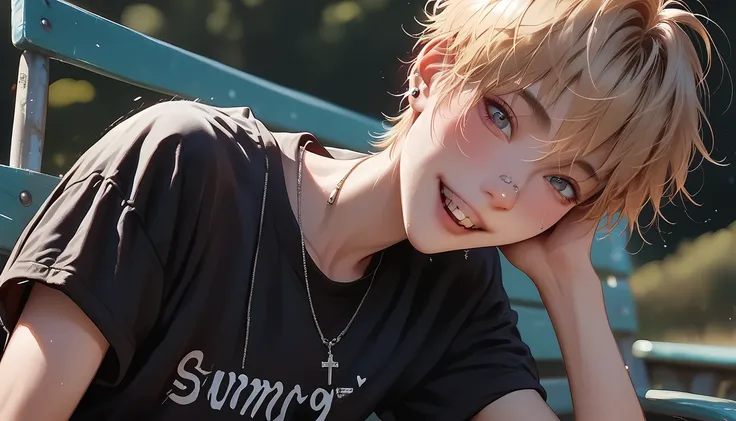 a sporty emo femboy is at the park in a sunny day sitted on a bench, he wears only a dark style t-shirt. He has a very skinny body and slim great abs, he is completely hairless, slim, 16 old , looking shy but happy, blond fancy colored short hair, great vi...