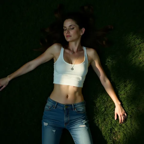 Top-down, photorealistic view of a beautiful sarahwflx lying unconscious on lush, green grass. Her arms are stretched out gracefully, legs slightly bent at the knees, with her hair tangled and spread around her head. She wears a sleek, fitted white top and...