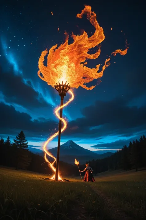 A mesmerizing scene of flames dancing vividly against the night sky, their fiery tendrils twisting and spiraling as if alive. In the center of the spectacle stands Abid Banaspati, a mythical figure from Javanese folklore. His form is cloaked in blazing fir...