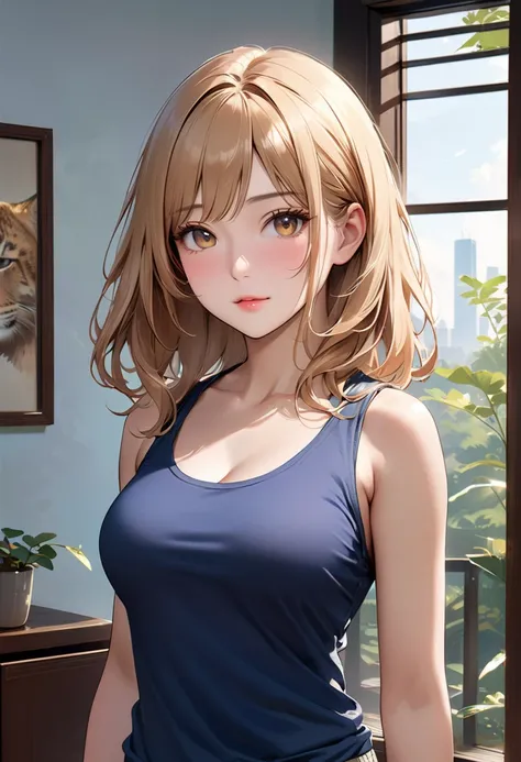 1girl,  cute,  beauty, Blonde, ( Japanese face ), Lori, ゴスLori,  cute衣装,  tank top, Peering posture, breasts, full body,  portrait, realistic, (masterpiece, top quality , super high res), (very Detailed face:1.6), a masterpiece portrait of a woman with ult...