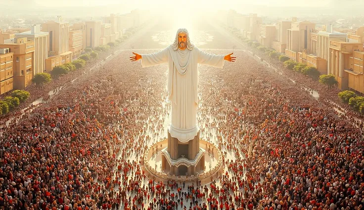 A giant statue of Jesus Christ, in the middle of a square in Iran, around it there are hundreds of thousands of people, photograph taken from a drone.