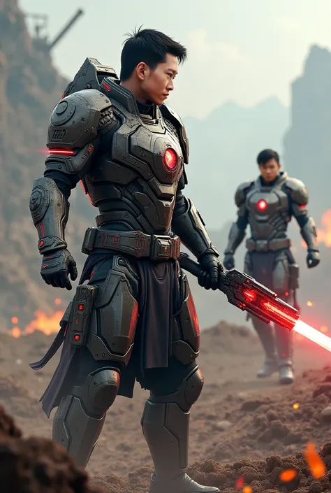 Asian warriors are fighting in the middle of the battlefield. He has short side part hair. His body is strong and healthy. He wears modern technological armor with an iron shell and bright LED lighting system. In one hand he held a laser gun