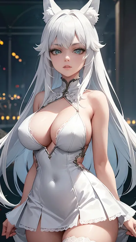 wolf girl, white hair, green eyes, miniskirt, white stockings, minidress, face detailed, detailed eyes, wolf ears, medieval background isekai, uhd, cgi, sexy, hot, hyperdetailed,. hyperdetailed eyes, 8k, 16k, backview, eyes hyperdetailed, perfect eyes, per...