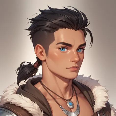 Eyes: Bright hazel, large and hooded
Hair: Thick black hair, shaved and faded on the back and sides, top grown long and tied in a small pony tail, viking ponytail.
Height: 177cm (510")
Appearance: A young man, slightly tall with a well built physique. Tan ...