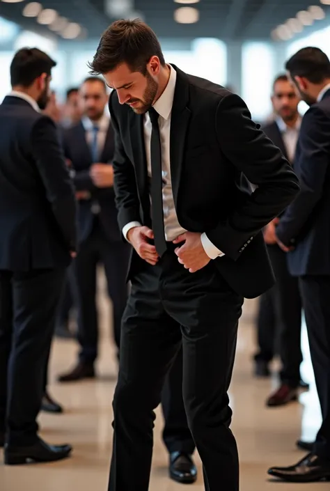 Business conference，charming and sexy Argentinean man. black suit，black tie，black socks, black leather shoes. mans crotch testicles hurt a lot，men stooped to holding his crotch testicles with two hands，grab the crotch testicles with both hands. 