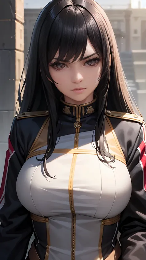  looking at spetactor, 1 college girl, solo, kharia, black hair, long hair, brown eyes, medium big chest, military suit, 8k, uhd, hyper realist, cgi, high quality, perfect face, detailed eyes