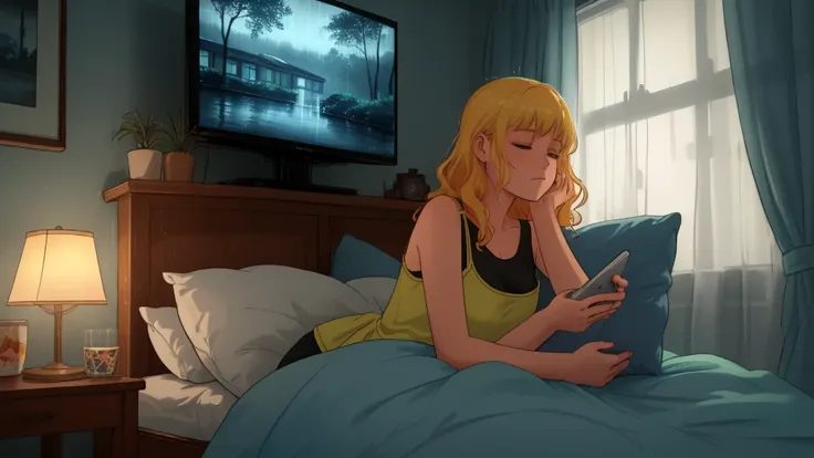 A woman lying on her cozy bed in a dimly lit room, illuminated by a mix of soft, ambient lighting and the warm, pink glow of a retro CRT television emitting static. She is wearing a yellow tank top and colorful cartoon-patterned shorts, her blonde hair wit...