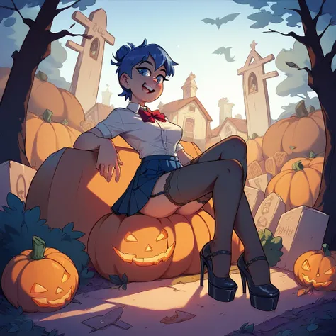 girl in short school skirts , neckline,  stockings,  high heels, Sitting on a pumpkin in the cemetery at midnight 