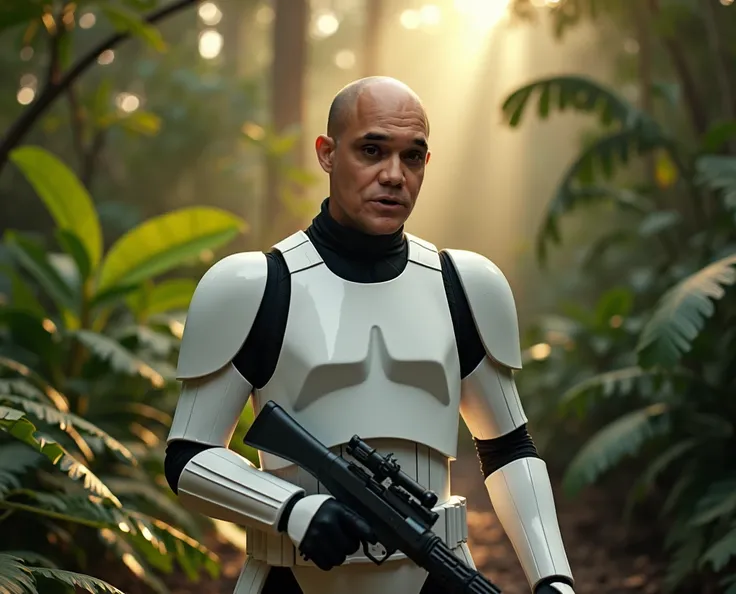 cinematic close up photography of bald man, dark eyes, he wears Star Wars Stormtrooper outfit without helmet and holds a gun in one hand, walks through a tropical forest, 70s style science fiction