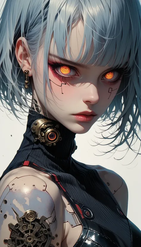 This is a hyper-detail、High resolution and superior quality CG Unity 8k wallpaper，The style is cyberpunk，principalmente preto e vermelho。Na foto, A beautiful  cyborg samurai girl with short hair with messy white hair appears，s rosto delicado，Using a  cyber...