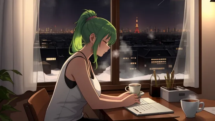 "A woman with green hair tied in a ponytail sits at a desk by a large window, typing on a laptop. She is wearing a pink tank top, and the room is warmly lit, creating a cozy yet focused atmosphere. Outside the window, a breathtaking winter cityscape is vis...