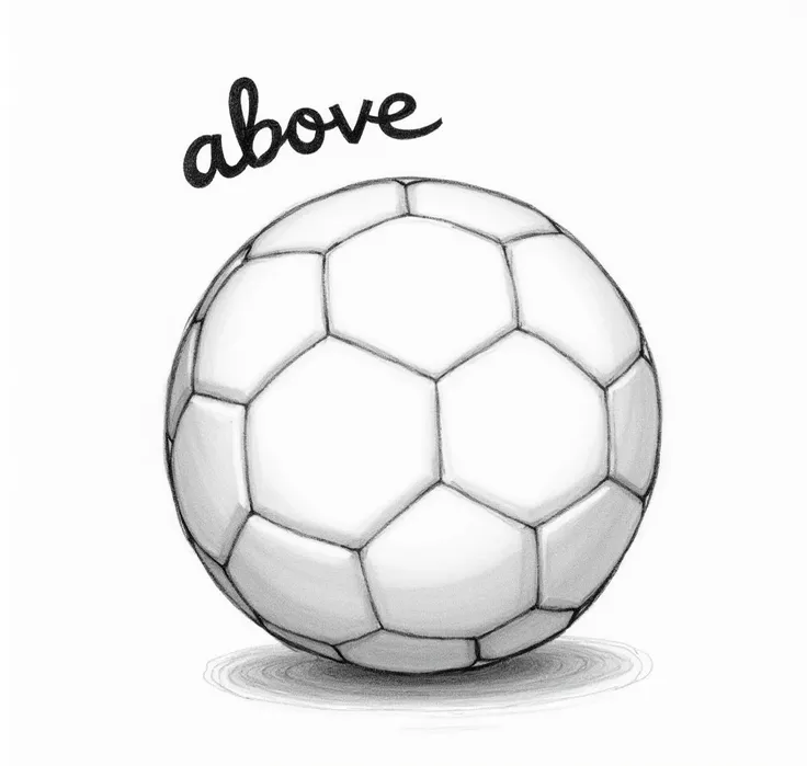 Draw a ball , Word "above" TEXT,  at the top of the drawing