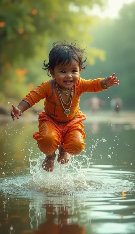 Indian cute baby jumping into water and falls

