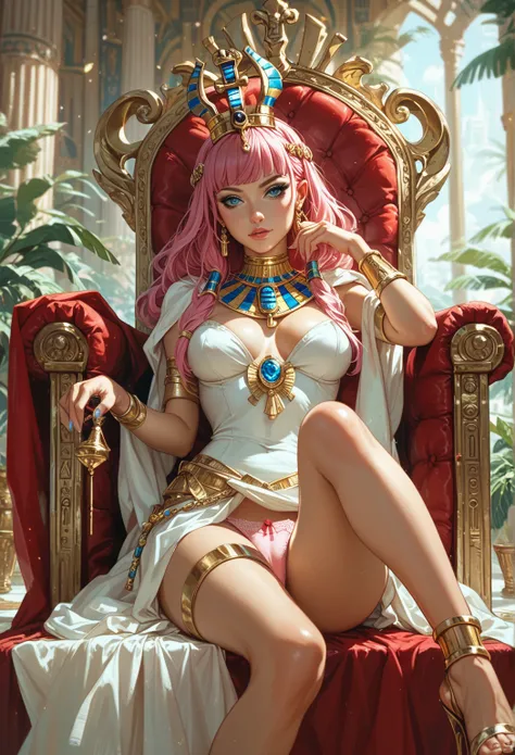  Egyptian princess ,  short pink hair .  panties on display . pele morena. Golden Crown.   sitting on a throne. 