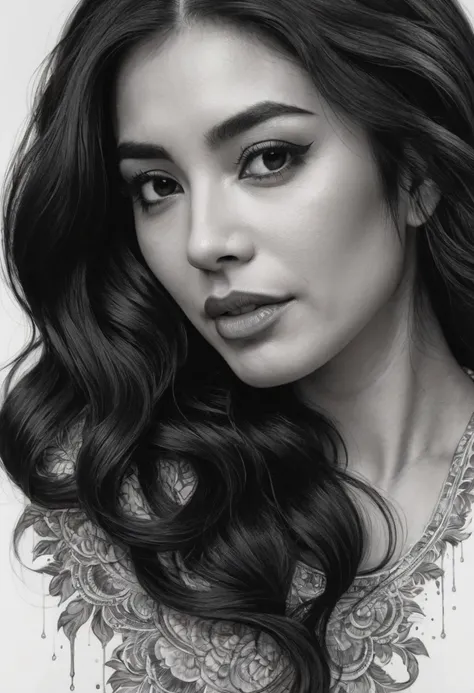 beautiful Mexican woman, long wavy black hair, Black and white ink drawing, Hyperrealistic, splash art, concept art, mid shot, intricately detailed, dramatic, upper body