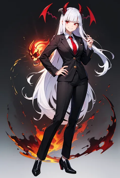 Helltaker art style, long white hair, spiky bangs, long dishevelled hair, left monocle, red eyes, gold trinket on the chest, neck tie, smug smile, black blazer, black pants, red blouse, office outfit, seductive post, androgynous, tall girl, one girl, full ...