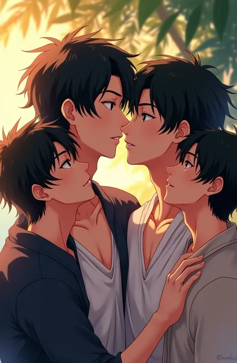  I want an adult anime-style image with 4 Thai-looking men.  all 4 are about the same height and have black hair . And the 4 are lovers  