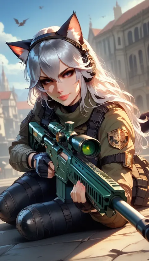 ultra-detailed, 1girl, solo, ((masterpiece)), (best quality), (highres), 16K, cat ears, cat tail, animal ears, black eyes, silver hair, long hair, wearing tactical clothes, fingerless gloves, tactical belt, knee pads, black thong, boots, busty body, large ...