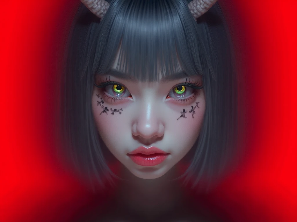  Close-up da cintura até a cabeça:
 beautiful young Korean woman .
Gray hair , Chanel style.
Emerald green eyes, expressive, obfuscating, bioluminescentes. 
 angry expression .
tattooed face.
2 horns on the forehead.
 snow-white skin .
Fundo simples, fosco...