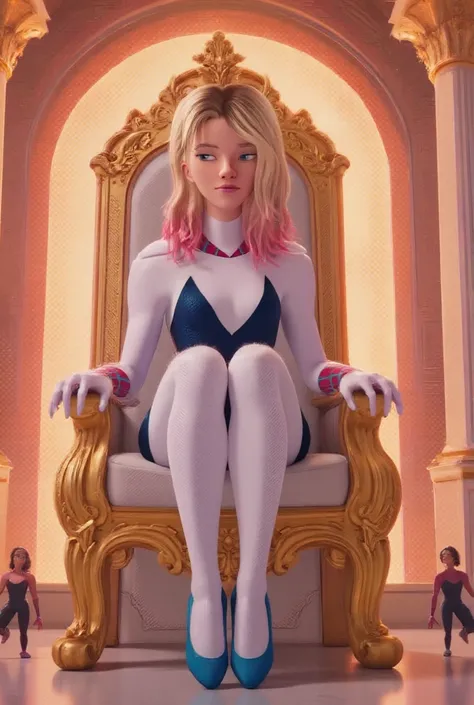 Goddess Gwen Stacy in her spider Gwen costume with her blue ballerina shoes sits on a throne out of gold, she is gigantic tall and mini humans kneeing in front of her