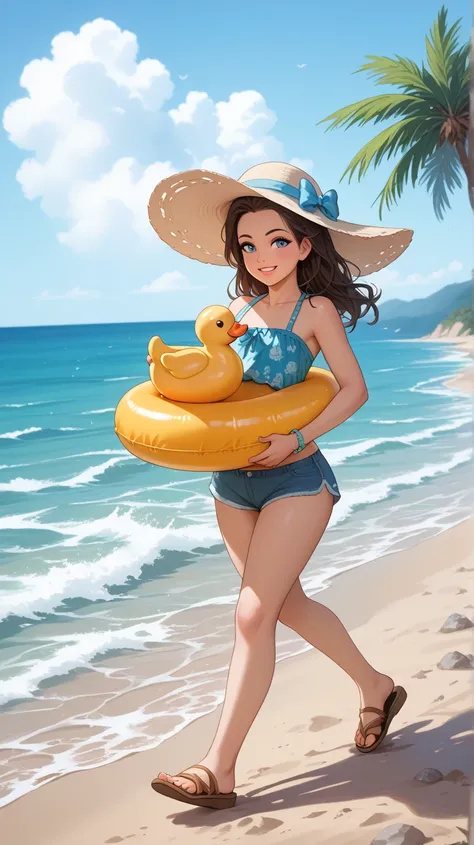  An enchanting scene of a baby smiling and wearing a beach hat ,  riding on top of an inflatable duck , but in a fun way :  the little duck is a buoy that is walking on the sand of the beach ,  as if it were a walking version .  Baby is holding a small toy...