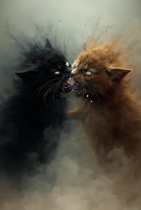 Two cats, one is black and one is brown in color. Both cats have sordes in their hand, they are very angry and fighting. 