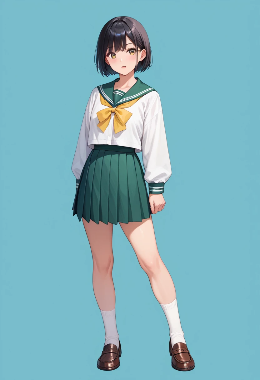 masterpiece, of the highest quality, 
(1girl), 
 black hair,  high school girl, Green Long Sleeve Sailor Suit ,  Green Pleated Skirt,  yellow ribbon,  white high socks ,  loafers without pants,  short bob, 
break (((full body))), standing, 