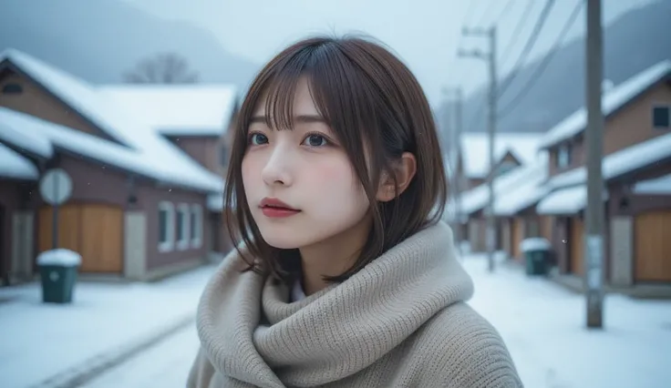   beautiful japanese woman , Front View,    looking up at the sky,   Breathtakingly Beautiful Pictures ,  Brown Hair,  slender body:1.331,    anatomically correct proportions  :1.331,   have small heads :1.331,  cardigan ,   muffler  ,   medium hair:1.21, ...