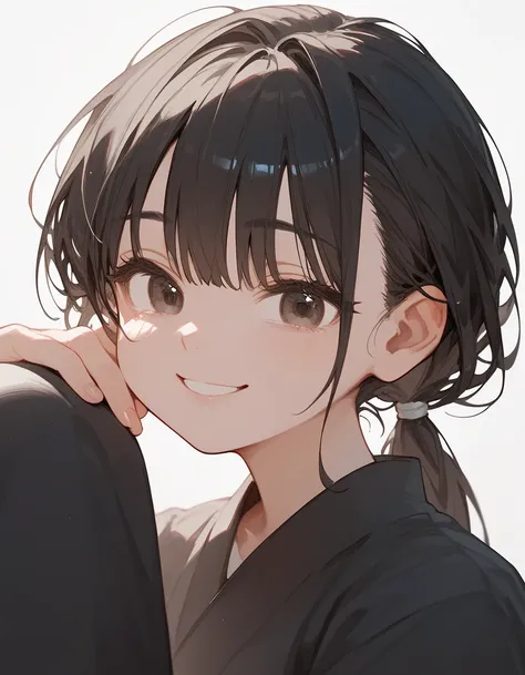 girl,Black and white Japanese dress,thin, close their eyes,smile,Bangs,Brown-black hair, with moles under eyes , Long Sleeve Shirt,puberty ,smileอ่อน,sit,Small eyes, black pantyhose,Low ponytail