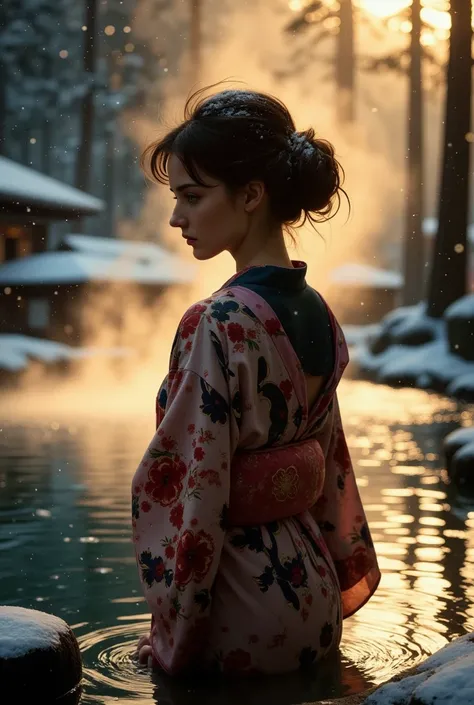 An award-winning 70s-style analog photograph of a beautiful Japanese woman standing gracefully near the edge of a steaming onsen during a tranquil Japanese winter. She wears an elegant yukata with intricate patterns of cherry blossoms, cranes, and waves in...