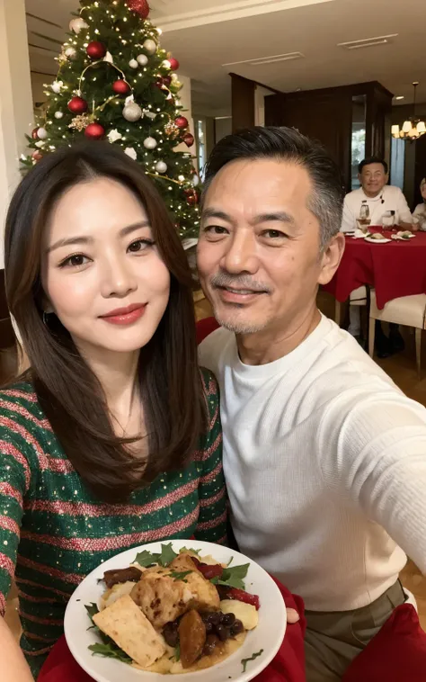 A middle-aged Asian couple in their 60s having lunch at a Christmas  at a villa in Singapore, taking a selfie from the first person perspective. (Wearing high-end, stylish autumn brand clothing)