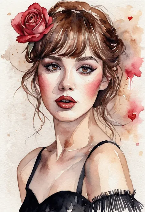  a 30-year-old golden-brown haired girl tied with fringe  , in the hair, black jacquard ballerina dress in watercolor  ,, a rose not red hair , and a heart drawn with pencils under the eye  ,  face similar to a French singer  ,Brown eyebrow ,red lip, dark ...