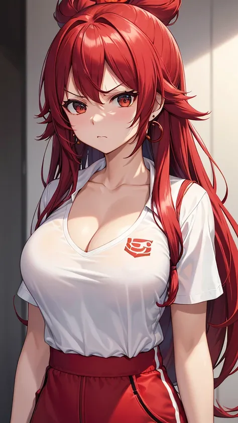 Arima Kana、  top quality 、  top quality 、  Masterpiece  、(8k resolution), beauty(  looks like an adult、A sophisticated face)、 large cleavage 、（  sexy perfect style ）、(  medium chest on a white shirt )、（Get closer） 、Earrings 、( Red Hair),(  long hair on her...