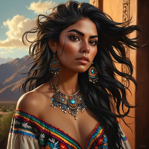 beautiful detailed, full body portrait of a mexican woman, full body, long flowing, black hair, blowing in the wind, beautiful details, beautiful detailed body, extremely detailed features, long eyelashes, intricate hairstyle, ornate jewelry, warm skin ton...