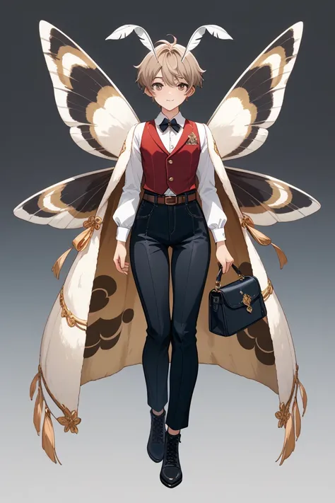 full body, femboy, fully clothed, An illustration, (masterpiece、最high quality、high quality), pure white background, Character design, Character sheet, A high-collared white shirt with subtle embroidery resembling moth antennae or wing patterns. A tailored ...