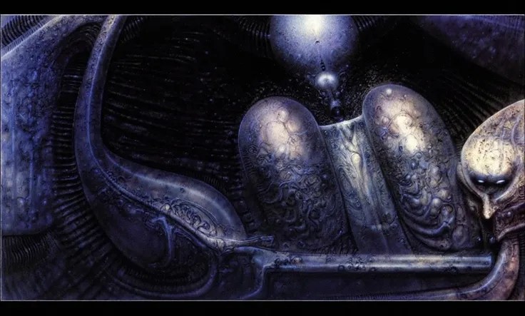 H. R. Gigers g1g3r, , Giger_style,  , The image is a detailed view of H.R. Gigers " Li II  " plate, featuring HRGGR, H.R. GIGER.  g1g3r 3t3rn1ty,alien creature, dark alien architecture machine (best quality:1.4). Gigers biomechanical tableau features a clo...