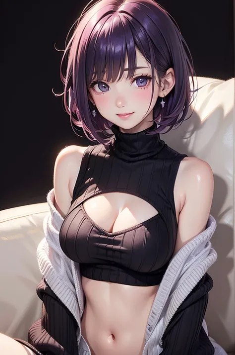 ( Best Quality , high res,8k,inelity detailed background, Masterpiece :1.2), beautiful girl,Big Breasts, glossy purple hair,short hair,bob cut,Beautiful purple eyes, virgin killer sweater, (sweater dress:1.2), ribbed sweater,sideboob,cleavage cutout, turtl...