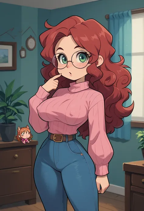 Solo, small young girl, short, short girl, small waist, tiny waist, red hair, curly hair, long hair, green eyes, large eyes, (large breasts), perky breasts, large butt, erect nipple bulge, round glasses, denim jeans, plain pink sweater, tight sweater, (tig...