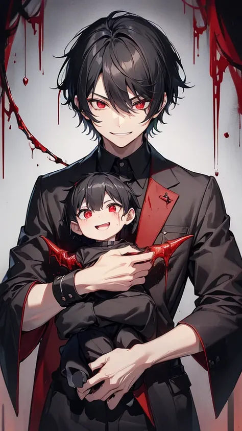 ( top quality ),( very detailed),(One person),( boys),( black hair),( red eyes),(Black clothes),(Short Hair),( two-block),(Smiles with a devilish face),( adult male ),( crazy expression),(dark world ),(Blood is dripping)