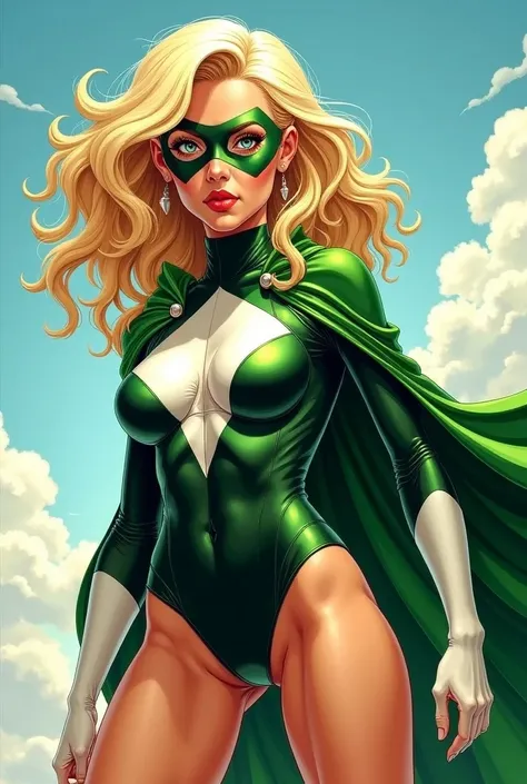 (blonde girl " wearing a superhero mask  " [[[ dressed in a green and white suit -  "!!!in a very short miniskirt  !!!"]]])
