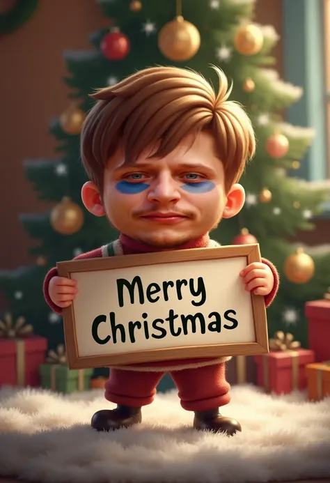 Boy hold a sign turned upside down with the text "Merry Christmas "