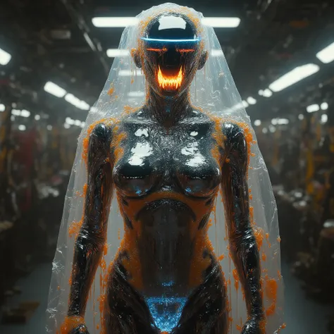 A futuristic cybernetic woman stands close to the camera, her full figure on display. She wears only transparent polyethylene string panties, resembling a delicate plastic bag, clinging to her metallic frame. Her face is a breathtaking fusion of bio-glass ...