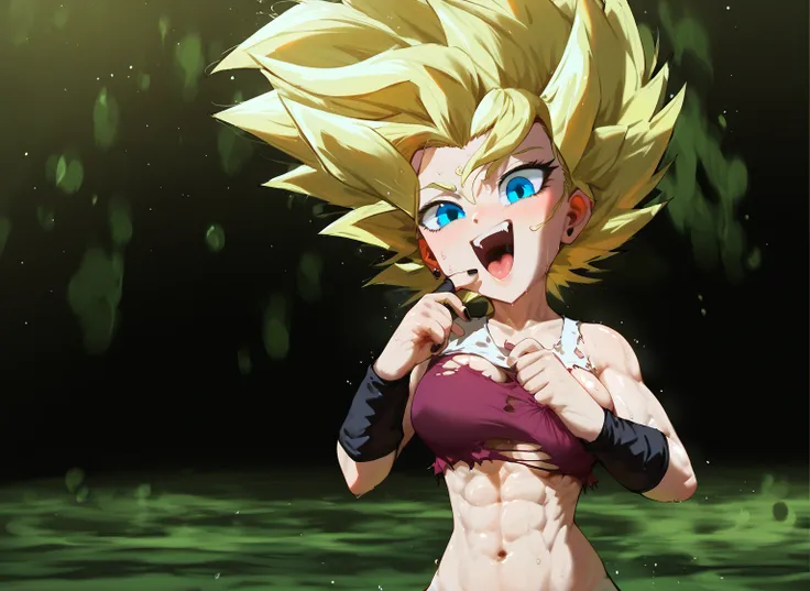 caulifla,  busty ,  blond hair ,  blue eyes, hot, small and torn middle sexy neckline, 