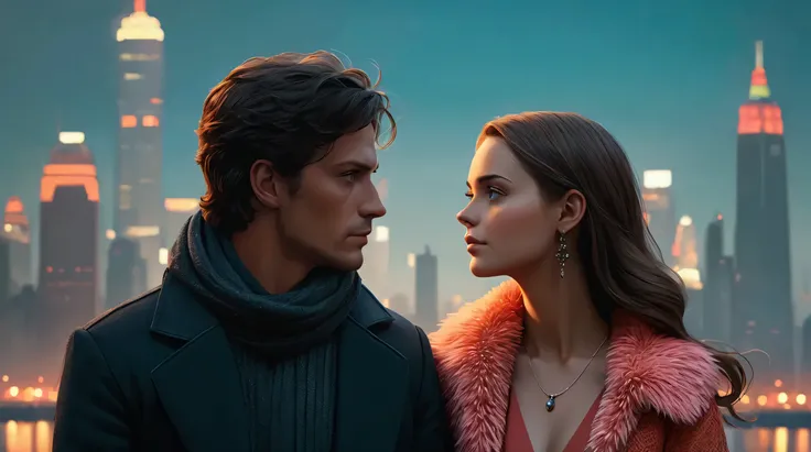 araffes a man and a woman standing in front of a city skyline, movie still 8 k, movie promotional image, anton fadeev 8 k, by mads berg, stunning digital illustration, by Alexander Kucharsky, cinematic realistic portrait, anato finnstark and alena aenami, ...