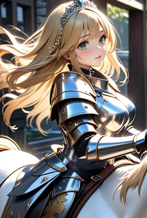 Western Female Knights 、 blond hair with vertical rolls and long, bushy hair、 green eyes、 Wearing Western-style armor with detailed silver plating and gold decorations 、 Beautiful Tiara with Diamonds on Her Head 、 Runs Fast on a White Horse 、Precise view o...