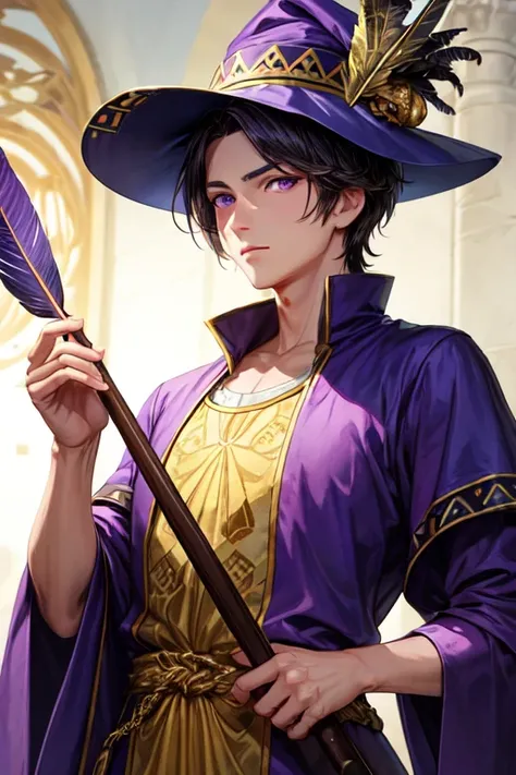 A medieval man with purple eyes Dressed in a luxurious purple tunic with gold patterns and a purple elegant hat with a feather